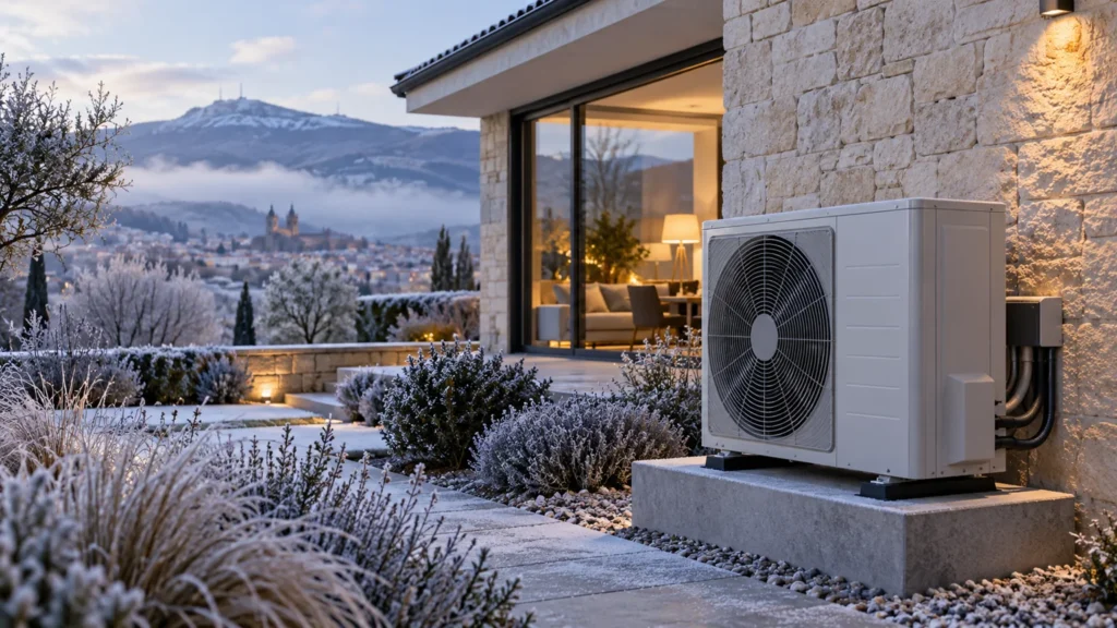 Ilustración de una bomba de calor junto a una vivienda en un entorno invernal